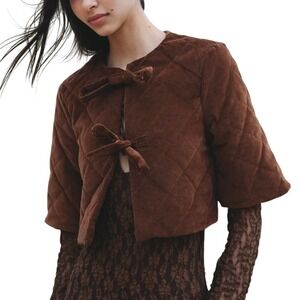ZARA Quilted Velvet Cropped Tie Front Bow Short Sleeve Brown Jacket XS‎